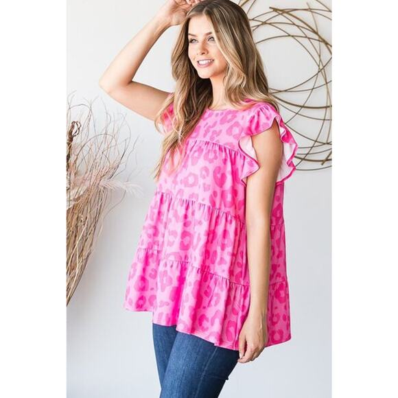 Heimish Tiered Leopard Pattern Ruffled Cap Sleeves Round Neck Blouse | Fuchsia - Picture 6 of 10